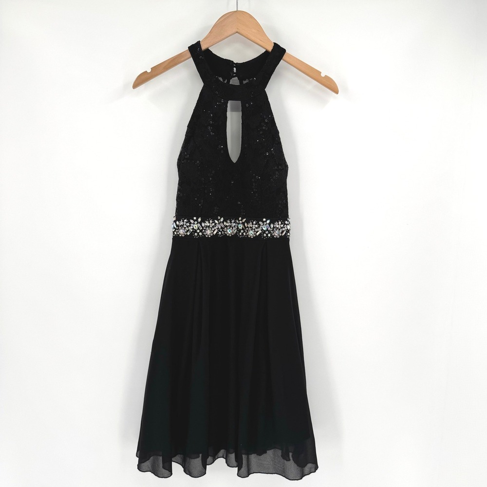 La Scala Black Lace Halter Midi Dress Rhinestone Waist Chiffon Skirt Juniors S‎